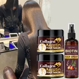 Collagen keratin hair mask+rosemary batana hair care essential oil spray set, deeply nourish collagen and keratin hair mask, suitable for all hair styles, create soft and shiny hair | 100ml essence spray+2 50g hair mask | Essential moisturizing formula