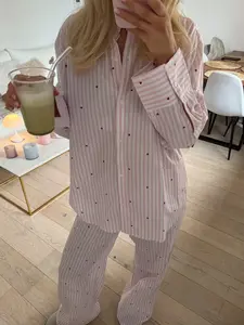Women's Striped Pajama Set, Casual Loose-Fitting Long Sleeve and Pants, Comfortable Home Wear, All Seasons Fashion Sleepwear