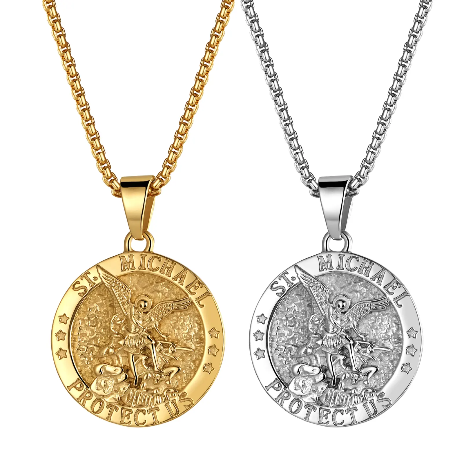 OIDEA Men's Saint Michael Stainless Steel Statement Necklace - 24-Inch Wheat Chain, Custom Engraved Catholic Archangel Michael Pendant, Circular Emblem Angel Motif Chain Jewelry for Gifts, Statement Necklaces, Angel Motif Necklaces
