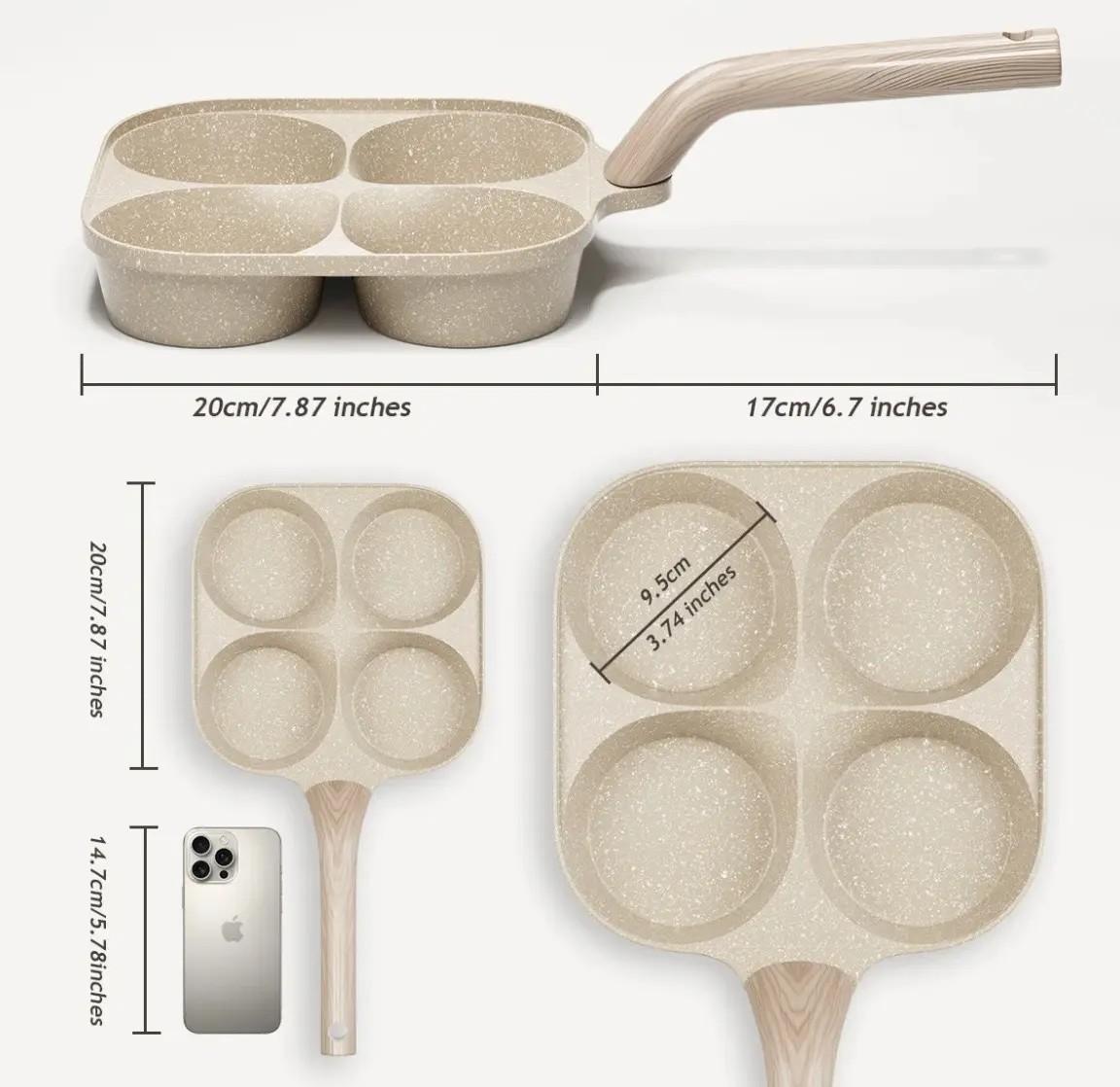 Multifunctional Nonstick Egg Frying Pan without Lid with Four-Hole Design for Eggs Burgers Pancakes Induction Compatible Kitchen Pan Beige Black