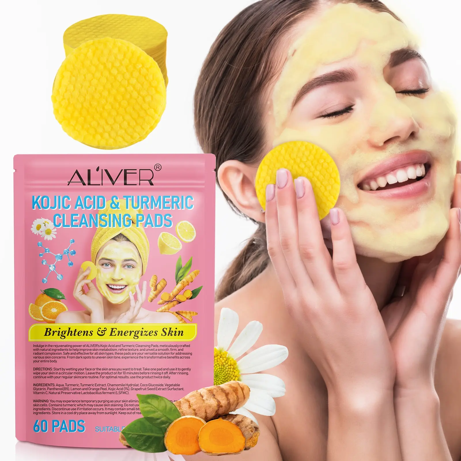 ALIVER Kojic Acid Turmeric Cleansing Tablets Oil Control Exfoliating Facial Cleansing Daily Cleanse Turmeric Wipes Suitable for oily skin.