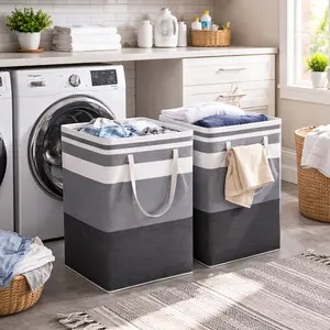 Freestanding Laundry Hamper 2 Pack, 75L Waterproof Collapsible Dirty Clothes Basket with Long Reinforced Carry Handles, Space Saving Tall Laundry Bin for Clothes, Towels, Toys, Nursery,Dorm Room,Bedroom and Bathroom Organization,Mother’s Day Gifts for Mom
