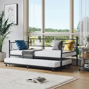 Heavy Duty Twin Daybed with Pull-Out Trundle, Sturdy Steel Frame Sofa Bed with High-Quality Slat Support – Space-Saving Guest Bed for Bedroom or Living Room