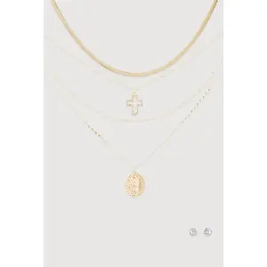Cubic Zirconia Cross Layered Necklace and Stud Earrings Set