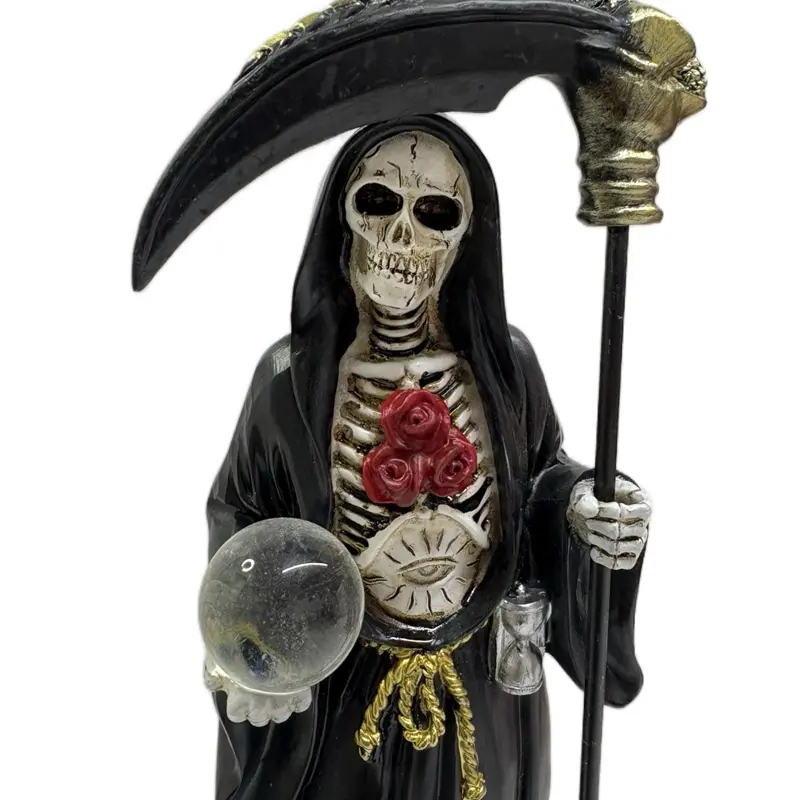 Santa Muerte Color Black 12 Inches High Resin Figure with Skull Eye and Roses Decorative Statue