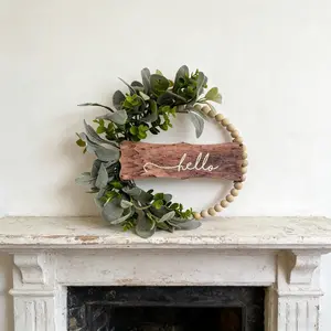 Modern Simple Front Door Wreath with Hello Sign, Wooden Beads Leaves, Spring Summer Home Decor, Ideal for Wedding, Festival & Party