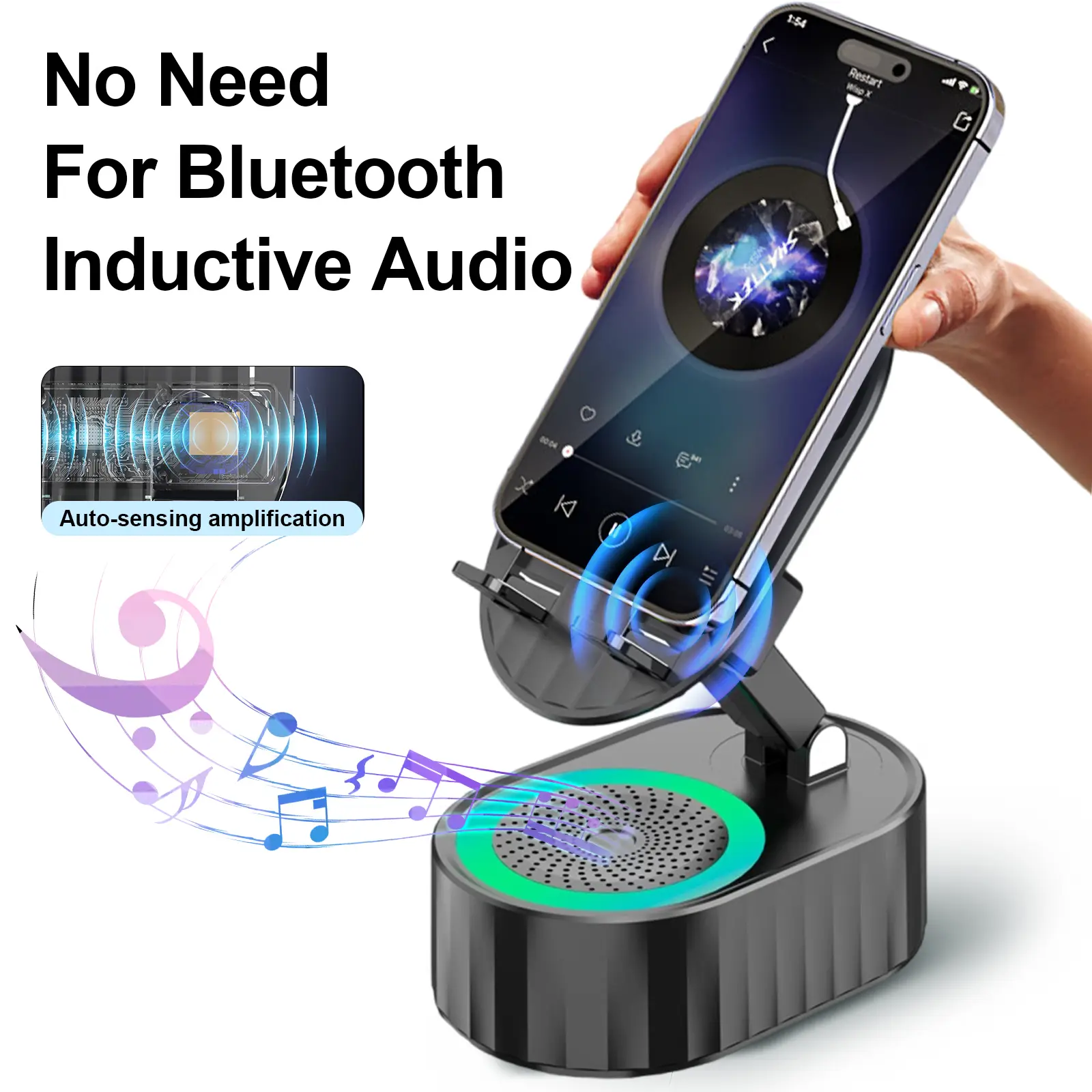 AKLLCCR 5in1 Wireless Speaker Cell Phone Stand with Bluetooth/Induction Audio & Atmosphere Light/Power Bank, 5.3 HD Surround Subwoofer Sound,300° Rota