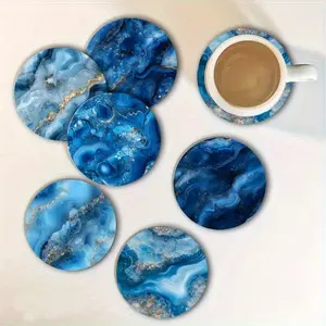 6pcs Set, Summer Blue Marble Patterned Wooden Coasters, Perfect for Patio Tables, Kitchens, And Living Rooms - The Ideal Artistic Gift for Friends And Family