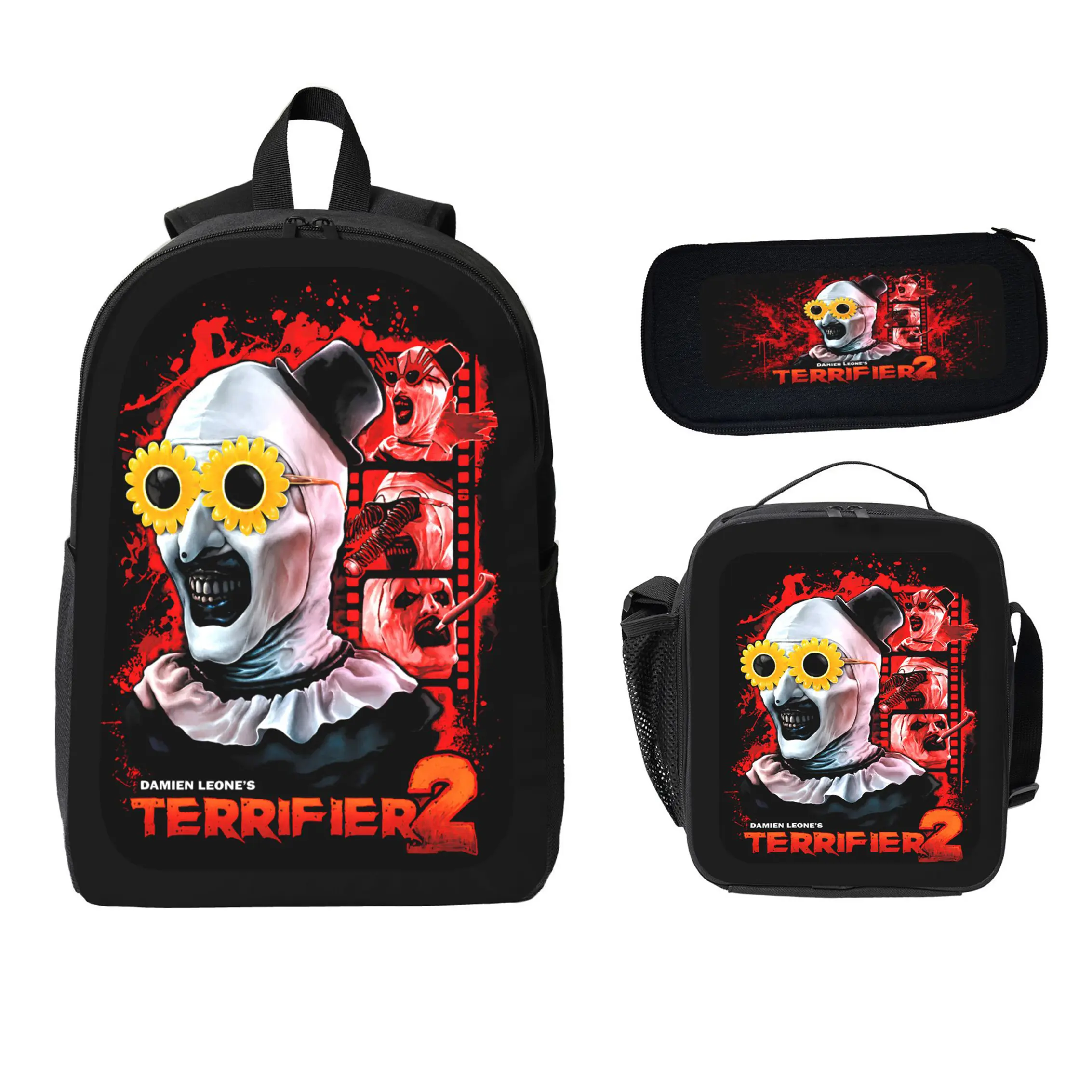 Terrifier Horror 3-Piece Unisex Backpack Set, Synthetic Durable Polyester, Large Capacity Lightweight School/Travel Daypack with Lunch Bag & Pencil Case, Scary Clown Graphic, Back to School Haul Supplies for Teens Students