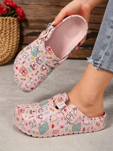 Women's Fashion Cartoon Print Hollow Out Shoes Eva Summer Non-Slip Work Shoes Lightweight Flat Soft Sole Adjustable Buckle Slip-On Beach Garden Fall Round Toe Clogs