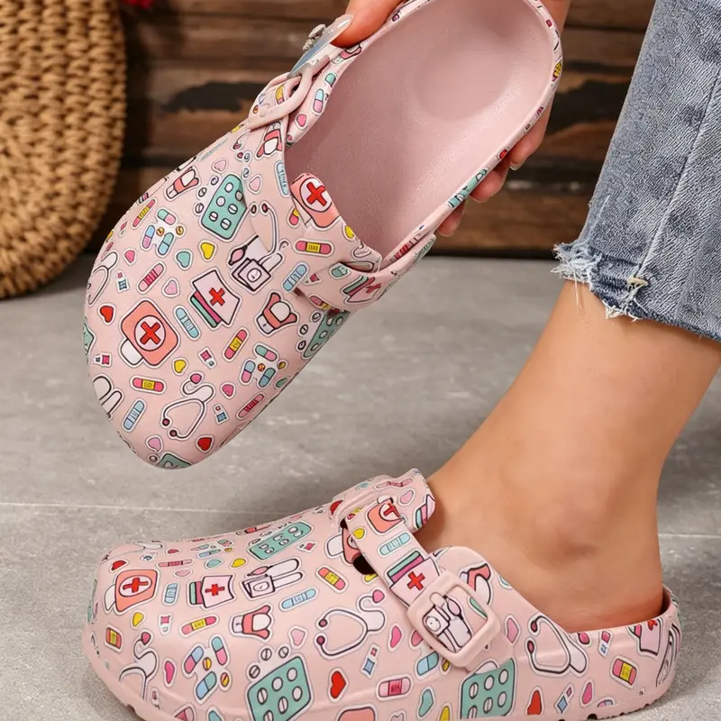 Women's Fashion Cartoon Print Hollow Out Shoes Eva Summer Non-Slip Work Shoes Lightweight Flat Soft Sole Non Slip Design Adjustable Buckle Slip-On Beach Garden Fall Round Toe Clogs Summer Slippers