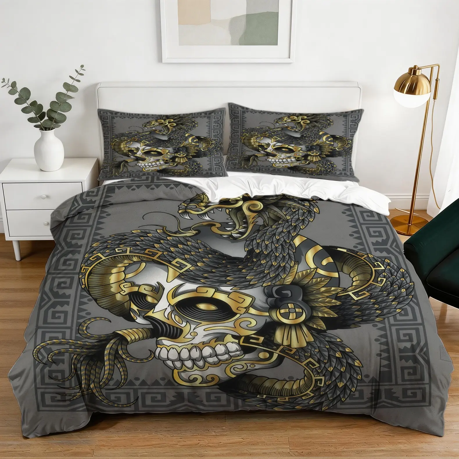 Aztec Feathered Snake Pattern Duvet Cover Set, Soft And Comfortable Bedding Set (1 Duvet Cover + 1/2 Pillowcase, No Filler), Suitable For Teenagers And Adults, Guest Room, Dormitory, Master Bedroom Scene