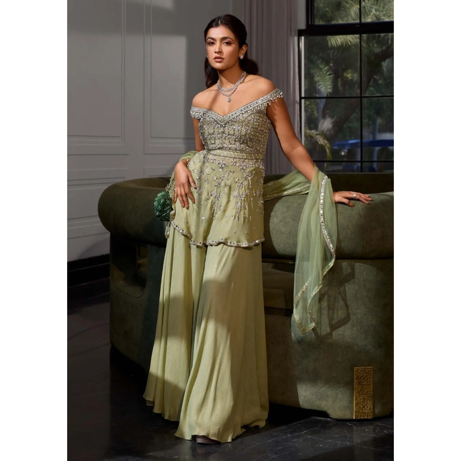 Sage green off-shoulder peplum and sharara set