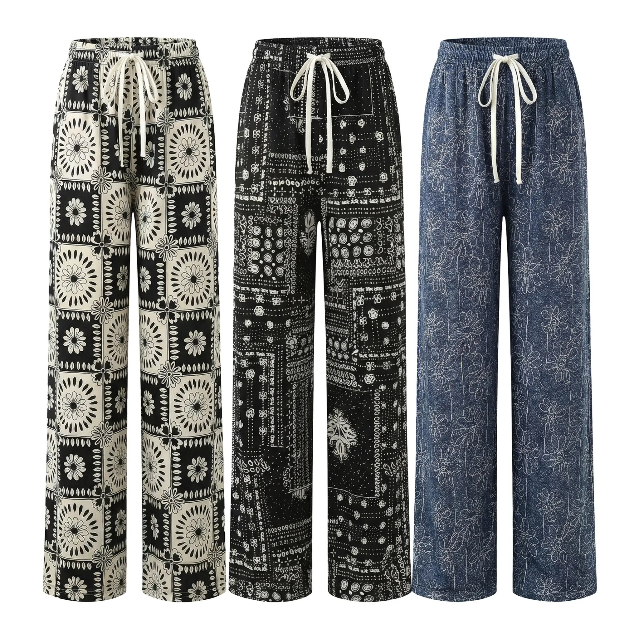 Women's 3-Pack Vintage Summer Wide-Leg Sports Bottoms - Bandana, Floral, Geometric Prints, Soft Breathable Modal Fabric Clothes, Drawstring Waist, Elastic, Pockets, Casual Loungewear for Home, Beach Outings Womenswear Everyday