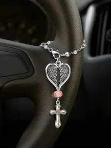 Guardian Heart Wing Cross Charm, Silver Color Pendant with Crystal, Elegant Decoration, Car Interior Decoration, Car Ornament, Car Interior Ornaments, Car Interior Accessory for Car Steering Wheel & Handbag Accessories