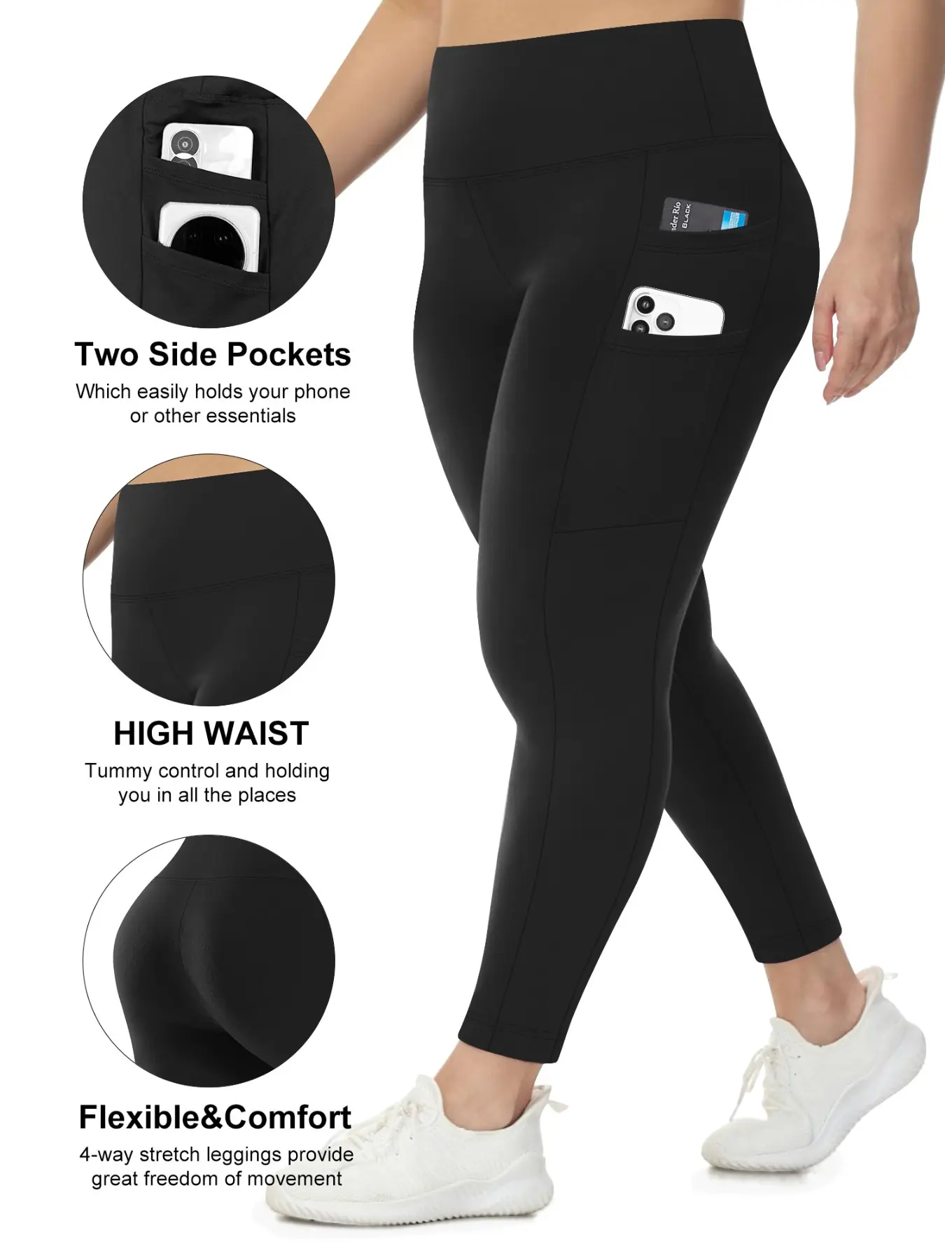 Plus Size High Waist Yoga Pants, Dual Side Pockets, Tummy Control, Breathable Sport Compression Leggings, Athletic Tights, Athletic Bottoms, High Rise Leggings, High Waist Sportswear, Ideal for Women's Fitness, Female Gym Clothes