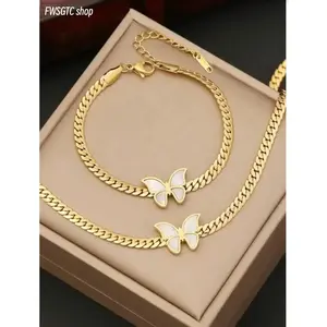 Women's 2-Piece Butterfly Motif Stainless Steel Jewelry Set, Gold Plated Chain Necklace and Bracelet Combo, Elegant Minimalist Fashion Accessories, Ideal Holiday Birthday Gift for Daily Dress Up and Party Matching