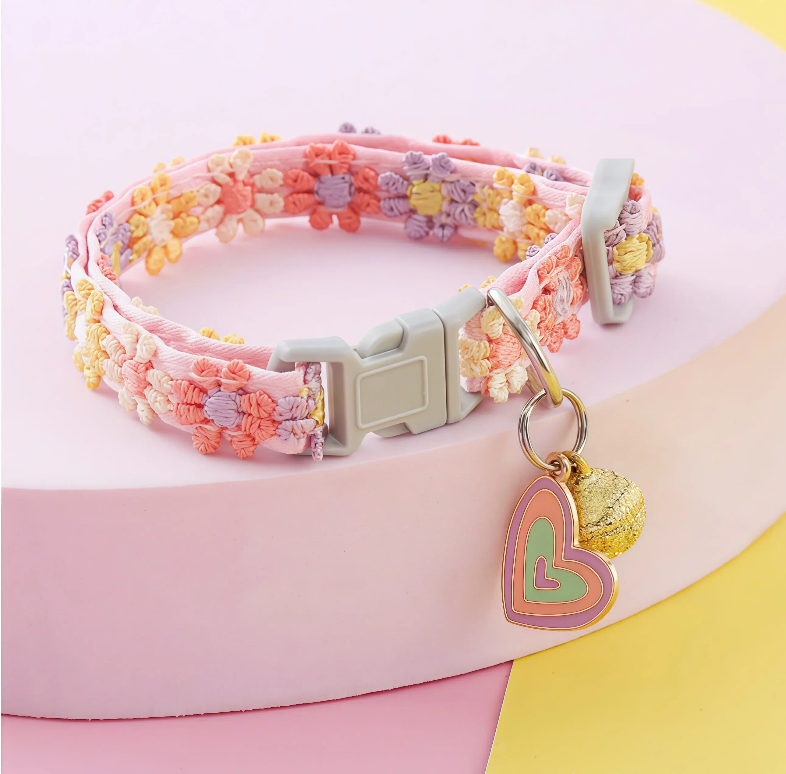 3PCS Cute 3D Floral Small Pet Collars, Adjustable Soft Fabric Kitten Puppy Collar with Bell & Heart Cherry Charm, Breakaway Safety Quick Release Buckle Pastel Flower Dog Cat Collar for Daily Walking Party Pet Accessory