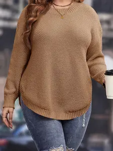 【Plus Size】 Solid Color Drop Shoulder Sweater, Casual Long Sleeve Round Neck Jumper Knitwear for Fall & Winter, Women's Plus Clothing for Daily Wear
