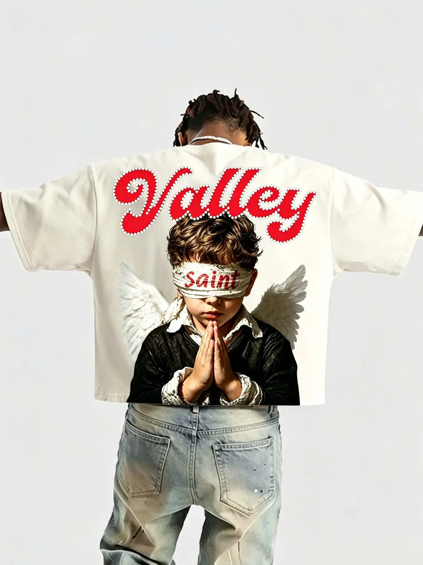 American High Street Streetwear Casual Comfy Streetwear Casual Angel Prayer Blindfold Valley Graphic Pop Art Print Batwing Bat Sleeve Loose T-Shirt, Street Retro Short Sleeve T-Shirt, Fashion Menswear, Casual Graphic Top