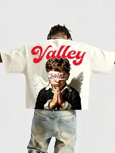 American High Street Streetwear Angel Prayer Blindfold Valley Graphic Pop Art Print Batwing Bat Sleeve Loose T-Shirt, Street Retro Short Sleeve T-Shirt, Fashion