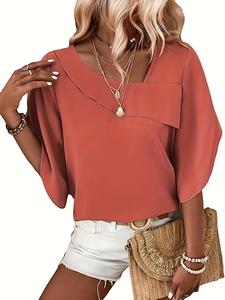 women's plain petal sleeve blouse, casual basic asymmetrical neck half sleeve top for fall & winter, women's clothing for daily wear