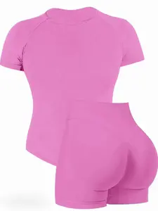 Women's Ribbed Workout Set, Seamless High Waist Biker Shorts, Short Sleeve Top, Stretchy Breathable for Yoga, Gym & Running