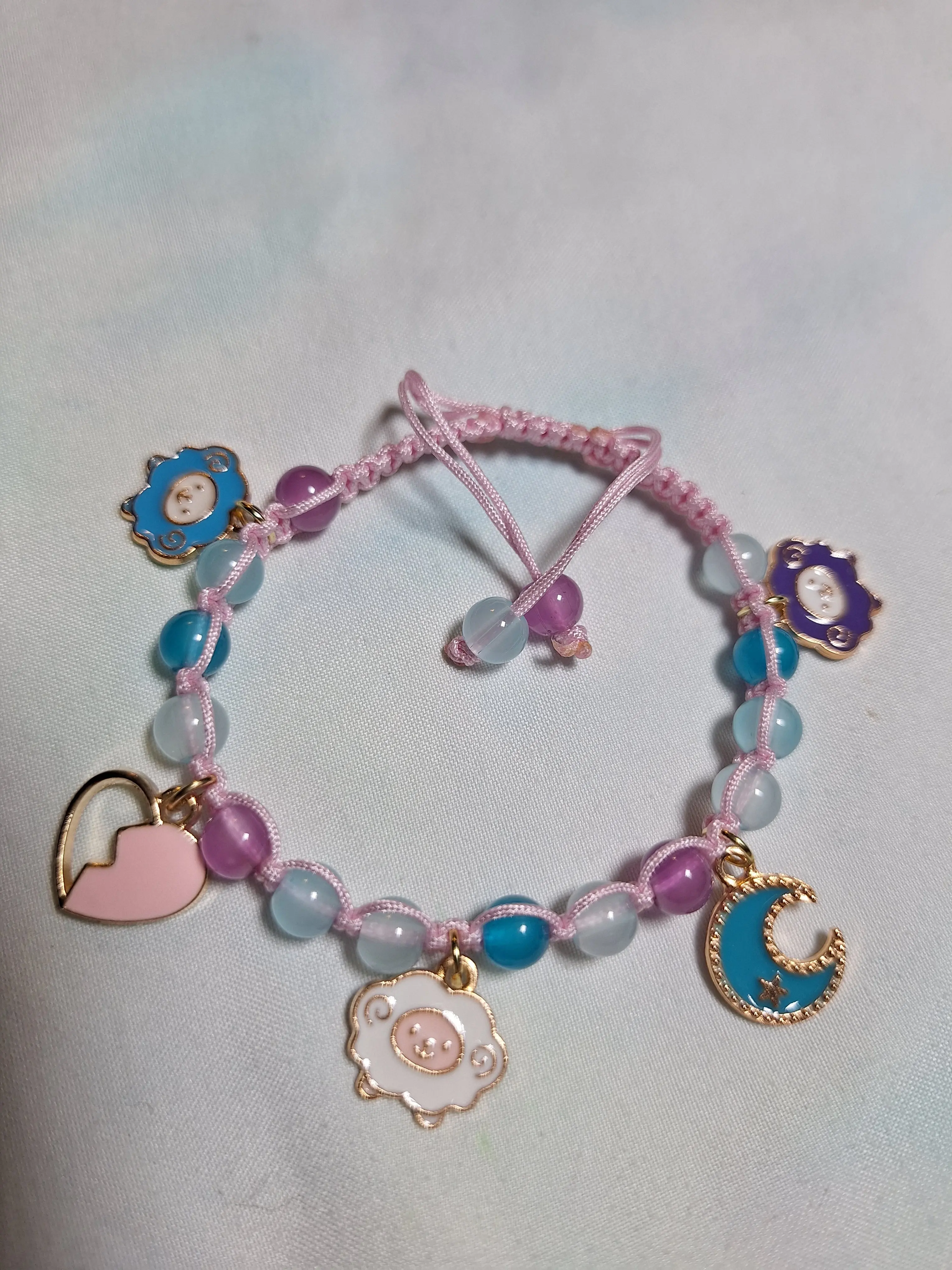 Handmade Macrame Bracelet - Sweet Dreams with Three Fluffy Sheep, Pink Heart & Blue Moon