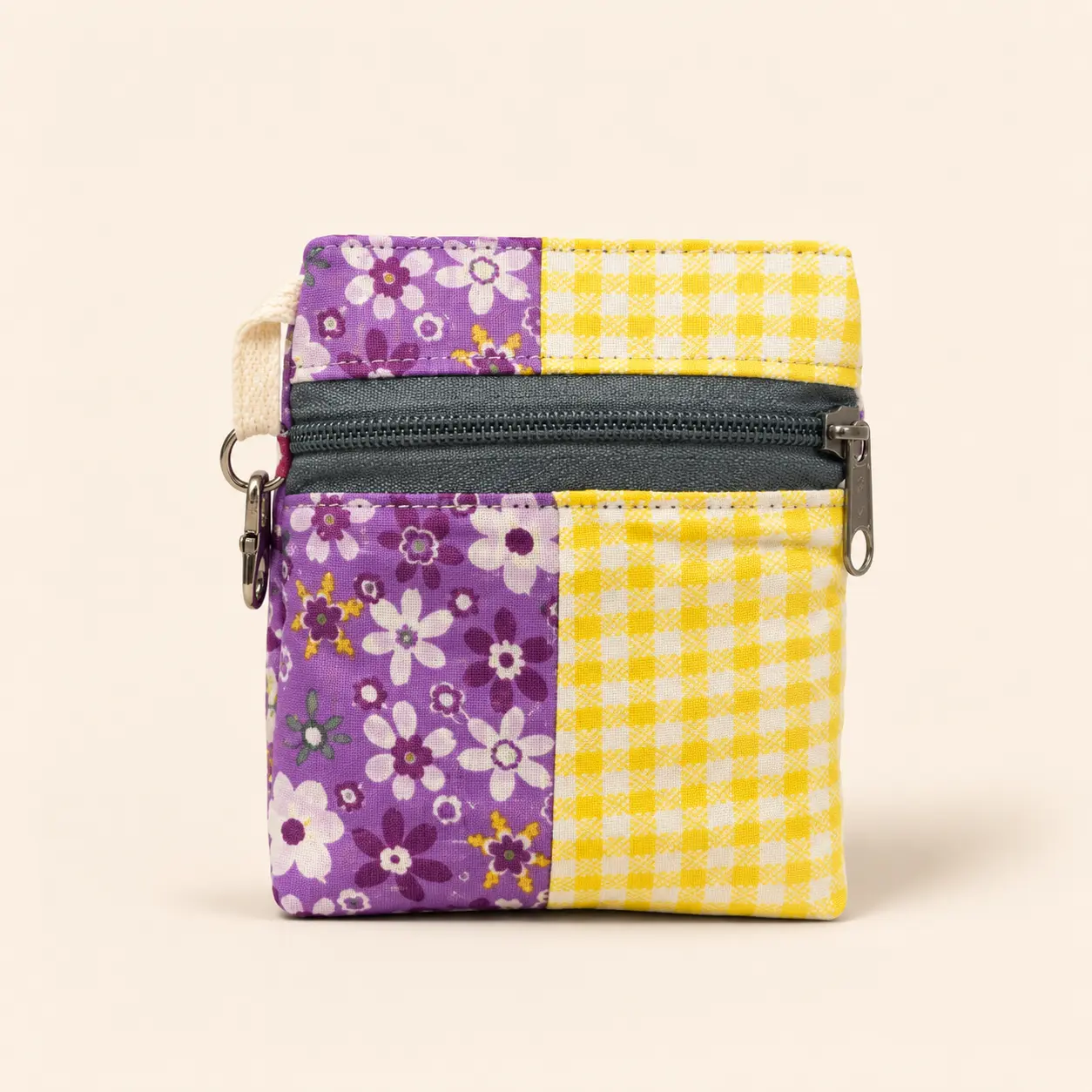 Handmade Standing Zipper Pouch – Purple Floral & Yellow Gingham / Navy Zipper