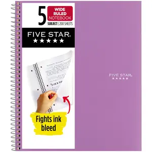 Five Star Spiral Notebook + Study App, 5 Subject, Wide Ruled, 8" x 10.5", Amethyst