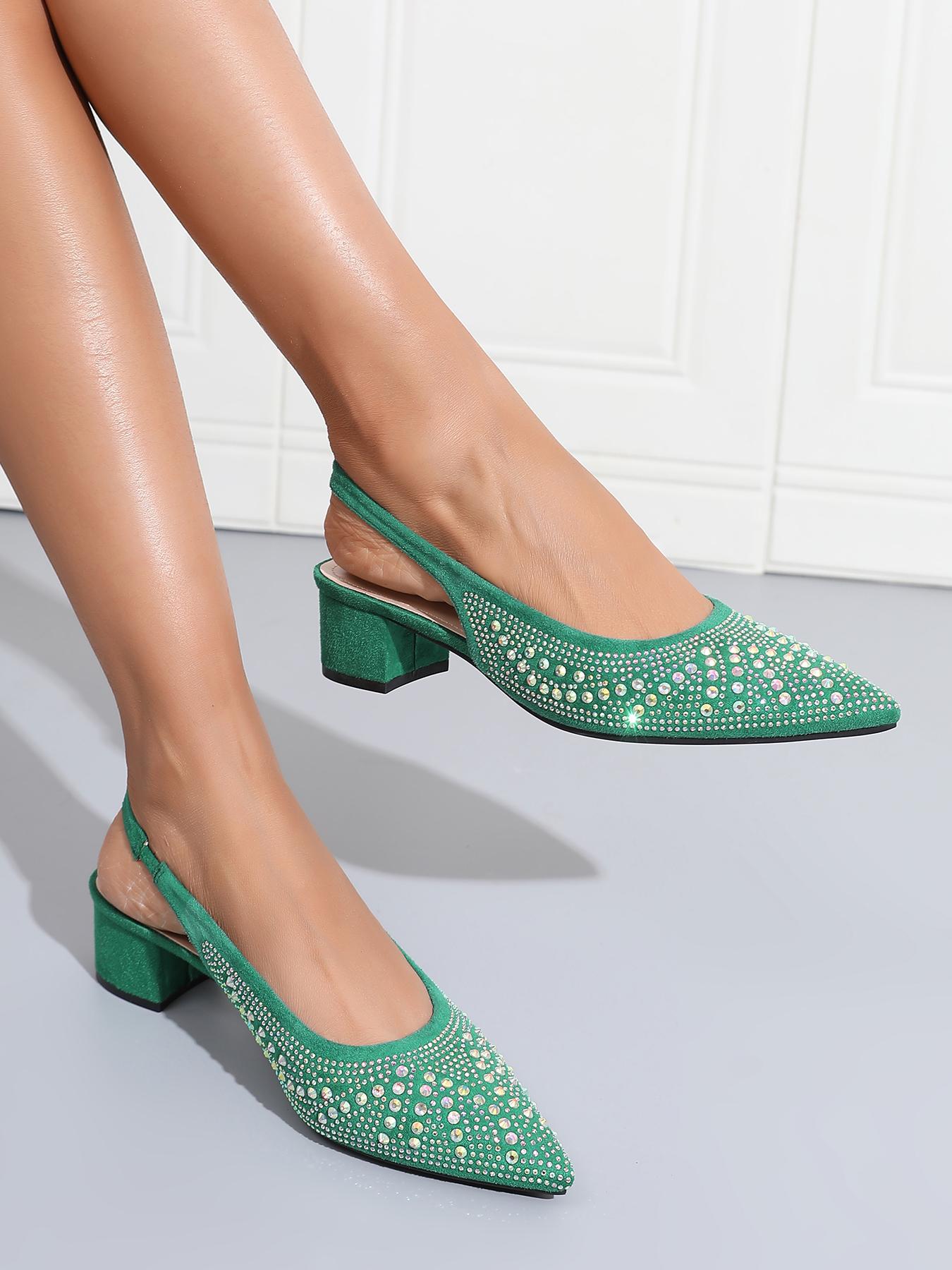 Women's pointed toe chunky heels with stylish green rhinestone embellishments on the back strap comfortable mid heel casual and versatile suitable for all season outfits