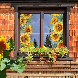 Sunflower Pattern Window Sticker, Self-Adhesive Removable Modern Floral Decorative Sticker, Decorative Sticker for Home Living Room Bedroom Bathroom, Ornaments
