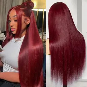 OQ HAIR 99J Burgundy Glueless Straight Wig 7x5 Pre Cut Lace Front Human Hair Wigs Pre Plucked Natural Hairline Colored Hair Wigs Wear Go Vacation Hair