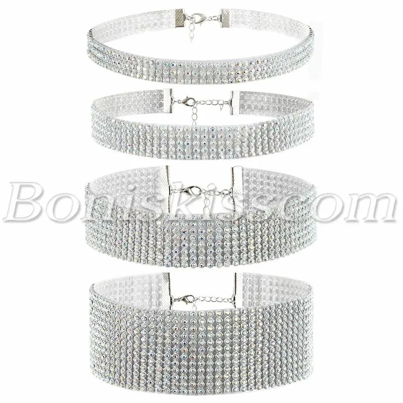 4pcs Womens Shiny Bling Full Rhinestone Choker Collar Necklace Set Wedding Party