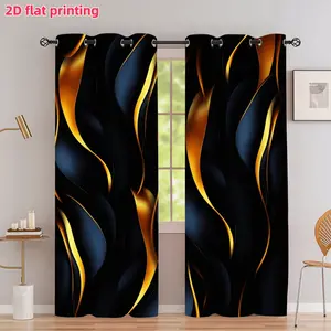 2D Flat 2Pcs Abstract Gold and Dark Blue Swirl Luxury Pattern Curtains, Elegant Artistic Wave Flow Design, Grommet Top, Semi Sunshade, for Living Room Bedroom Office Study Window Decoration, Anti Privacy