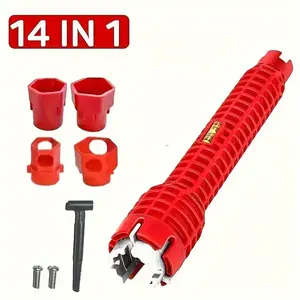 14 in 1 Faucet and Sink Installer Tool with 4 Stripping Attachments Red Multifunctional Basin Wrench for Plumbing and Mural Installation  multi-purpose plumbing tool