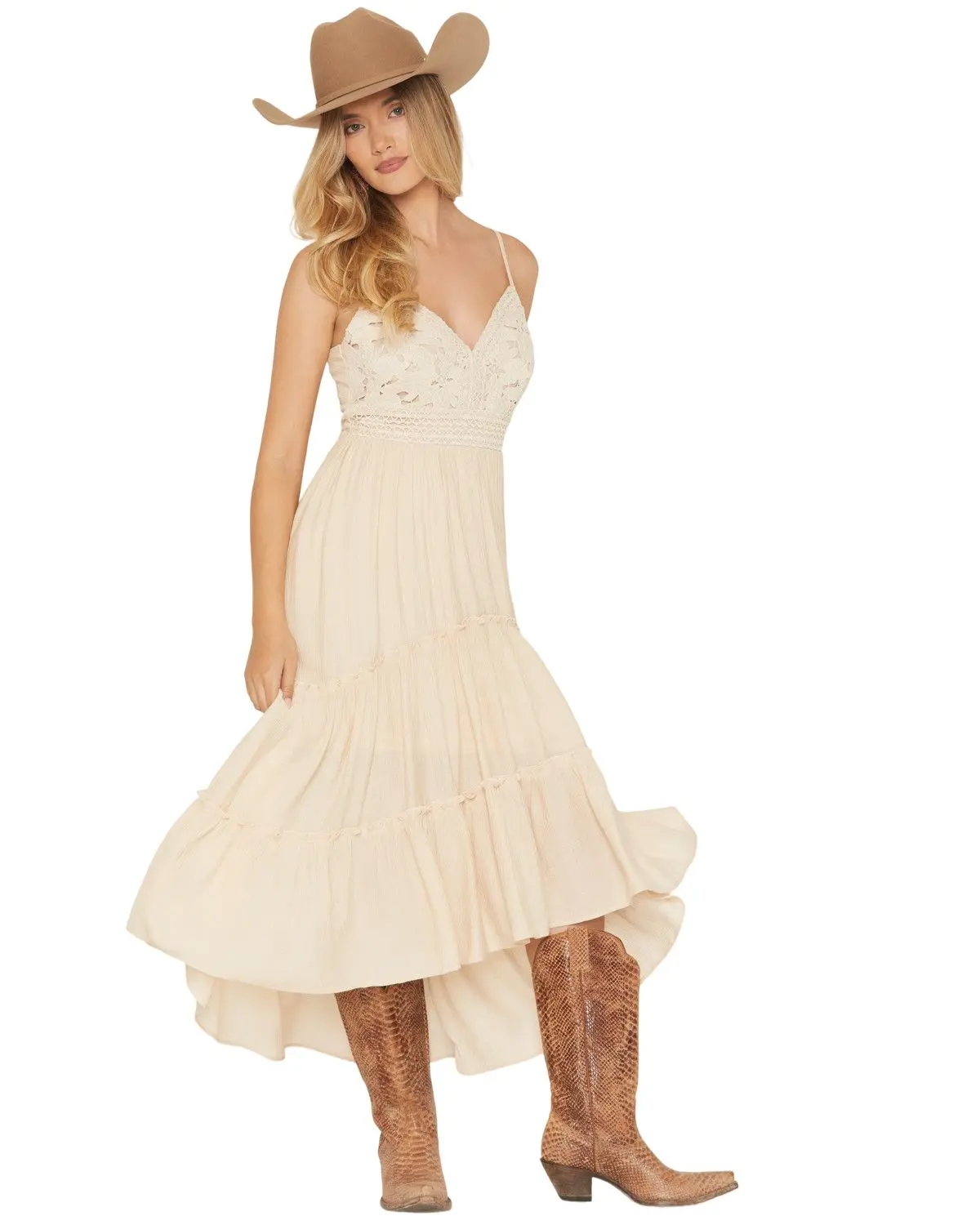 Shyanne Women's Women'S Aerie Crochet Front High-Low Midi Dress - Swsp26d6-Oat