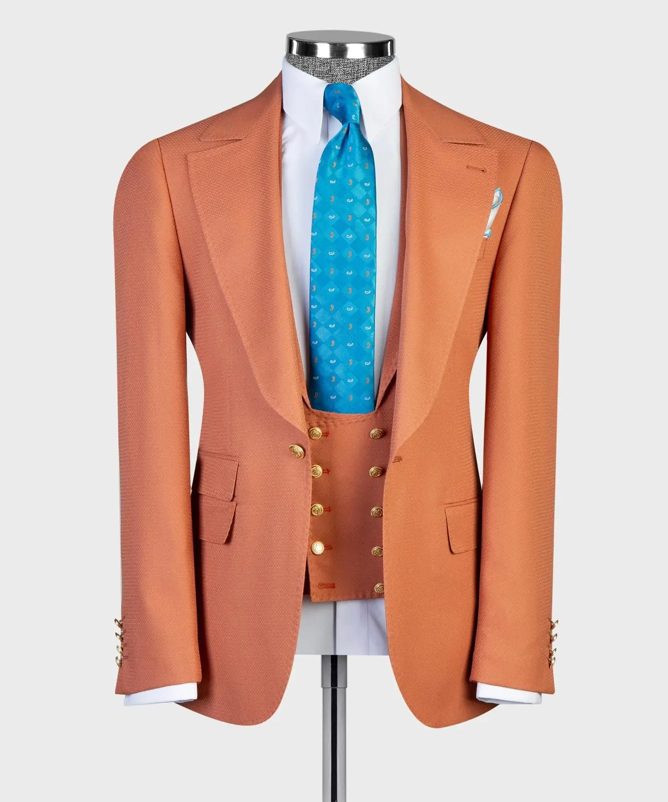 Men's Burnt Orange 3-Piece Double Breasted Super 200s Wool Wrinkle-Free Fabric Slim Cut Peak Lapels Suit - Jacket, Trouser for Wedding, Prom