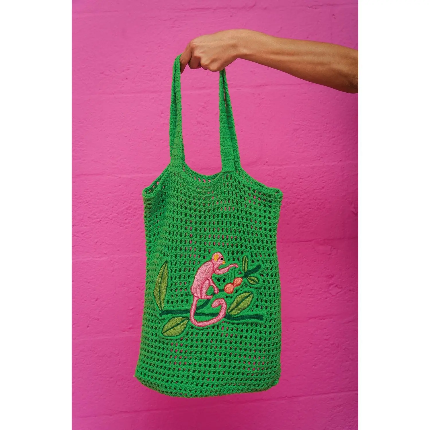 Women's Crochet Open Knit Tote Bag, Soft Yarn Summer Bag with Monkey Motif and Unique Embroidery Detail, Crochet Embroidered