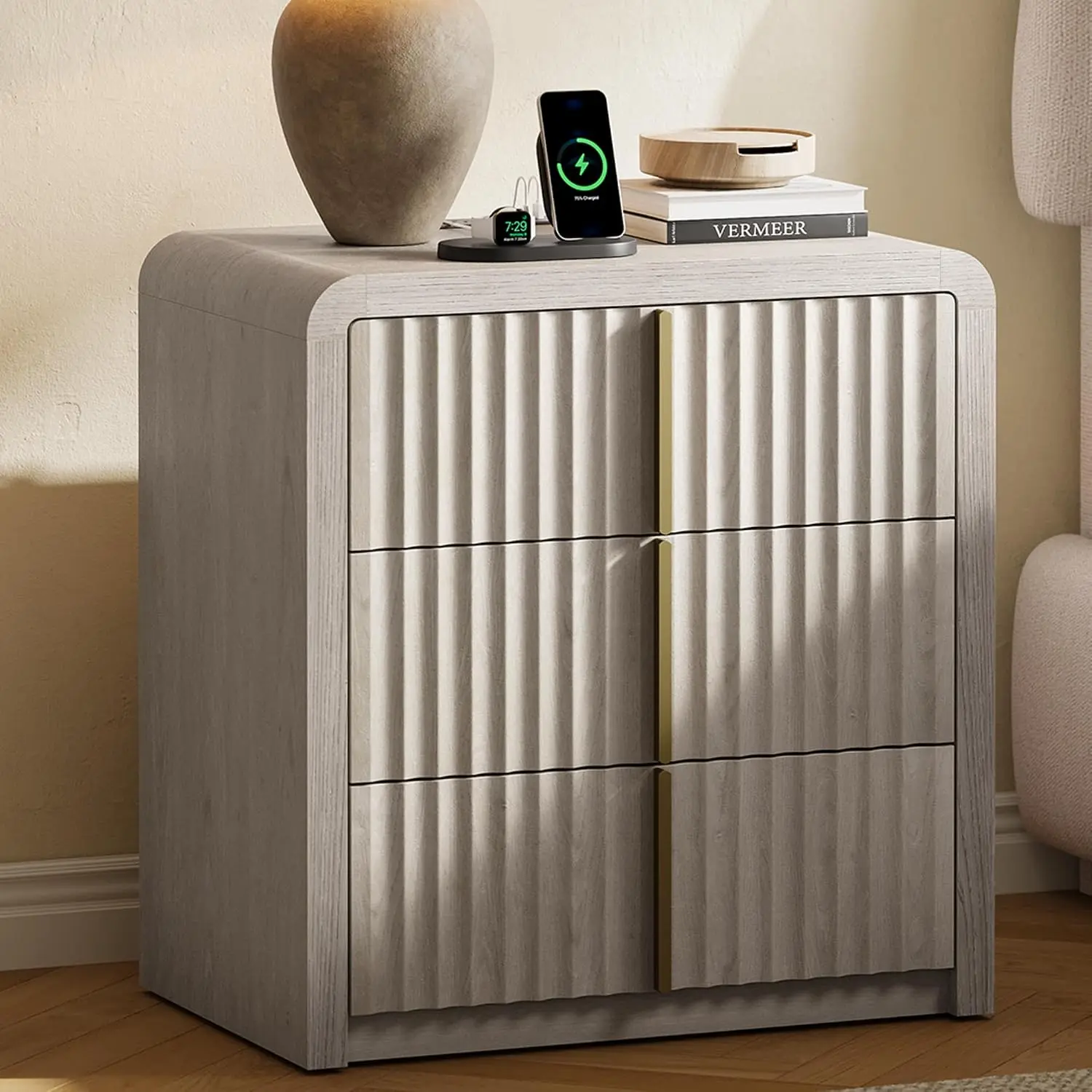 ModernMate 23.6" Pedestal Nightstand, White Alder Wood 3-Drawer Storage Side Table with Wave Flutes, Built-In Charging Station, Curved Profile, Solid Metal Handle for Various Room Types, Modern Bedroom