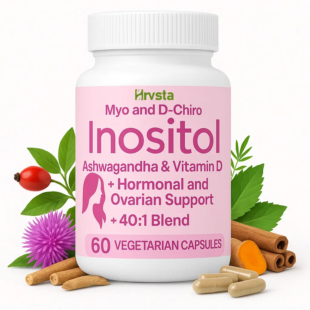 Hrvsta Natural Healthcare Edible Dietary Capsules - Doctor-Formulated Adaptogen Supplements, 40:1 Ratio Myo-Dchiro Mix, Vitamin D3, Ashwagandha Supplements, Dairy Free, Clean Tested for Women's Hormone Balance & Ovarian Support