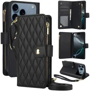 Leather flap with zipper wallet, wrist strap, and long shoulder strap suitable for iPhone 17, 16, 15, 14, 13, 12, 11 Pro Max Plus Air with tripod, detachable wristband flap, flip open protective case, phone accessories, Phone Wallet Purse
