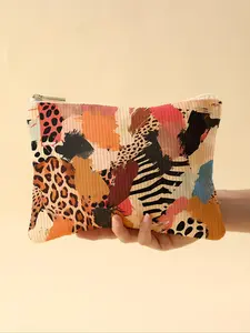 Random Pattern Corduroy Makeup Bag, Lightweight Zipper Makeup Organizer, Multifunctional Cosmetic Storage Bag for Toiletries and Accessories, Cosmetic Pouch, Handheld Cosmetic Pouch, Travel Cosmetic Bags, Cosmetics Bag