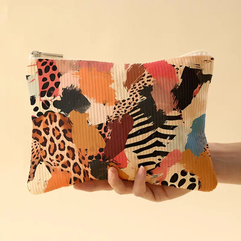 Random Pattern Corduroy Makeup Bag, Lightweight Zipper Makeup Organizer, Multifunctional Cosmetic Storage Bag for Toiletries and Accessories, Cosmetic Pouch, Handheld Cosmetic Pouch, Travel Cosmetic Bags, Cosmetics Bag