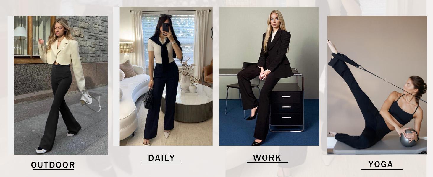 DLOODA Women's High-Waisted Stretchy Business Casual Pocket Pants - Pull-On Flared Full-Length Office Work Clothes, Machine-Washable Basic Plain Bottoms for Office,clothes for back to school,first day of school outfits