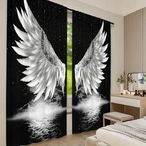 2 pieces, black angel wings and star art printed curtains, pole pocket design for easy hanging, semi transparent privacy curtains, polyester fiber, suitable for bedroom, living room, kitchen, bathroom, study, home decoration, Window Curtain