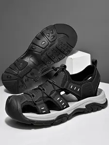 Men's Black and White Drawstring Closed-Toe Outdoor Sandals Thick-Soled Non-Slip Hollow-Out Water Shoes Breathable Durable Beach Hiking Shoes