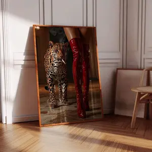 [ Unframed - Print Only ] Red Boots Print, High Fashion Poster, Retro Leopard Poster, Hypebeast Aesthetics, Luxurious Wall Art, Cool Girl Photo, Chic Designer Poster