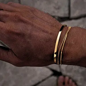 18K Gold Plated Men’s Bracelet Set – Stainless Steel C-Shaped Adjustable Jewelry Gift for Him