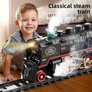 Retro steam train track simulation with electric spray and rechargeable battery Christmas toy for boys